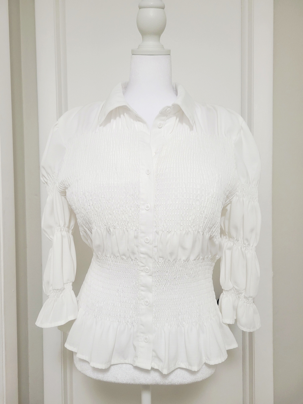 White Smocked Button-Front Women's Top